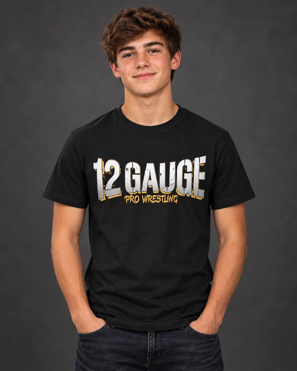 Teen boy modeling the black Classic Logo T-Shirt