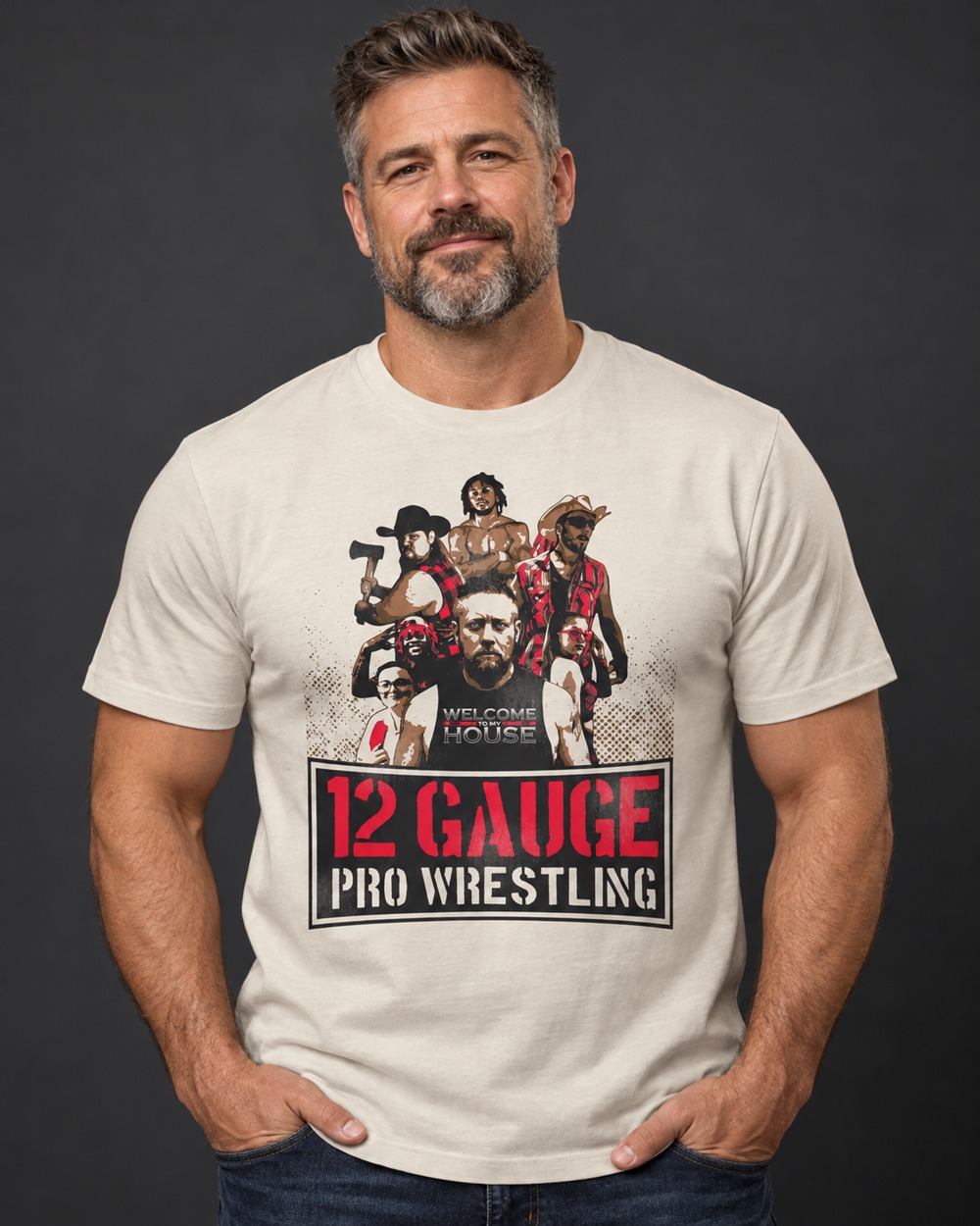Adult man modeling the sandstone-white Year 2 T-Shirt